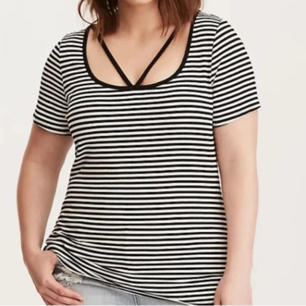 TORRID Striped Strappy Short Sleeve Tee Black and White Size 2